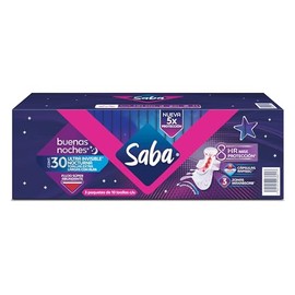 Saba Ultra Invisible Buenas Noches, toallas nocturnas con alas, flujo súper abundante, 30 piezas