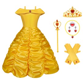 Vicloon 9 Pcs Princess Belle Costume Dress,Little Girl Princess Dresses Fancy Dress Childs Party Outfit with Crown Wand Gloves Necklace Ring and Earrings Yellow