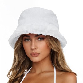 Century Star Fuzzy Bucket Hat for Women Winter Warm Furry Fur Fluffy Fisherman Cap Men Faux Fur Soft Cute Bucket Hat White One Size