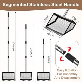 Lanties 10 Inch Large Metal Chicken Poop Scooper, 4 in 1 Chicken Poop Scooper and Rake,Stainless Steel Handle(20 to 60 Inches) Durable Sand Sifting Litter Shovel for Small Farm Animals Coops