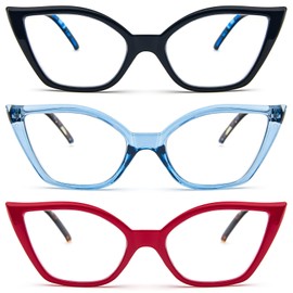 DXYXYO 3 Pack Cat Eye Reading Glasses for Women 2.25 Anti Blue Light Computer Readers Stylish Retro with Spring Hinge, Black leopard+red leopard+blue leopard