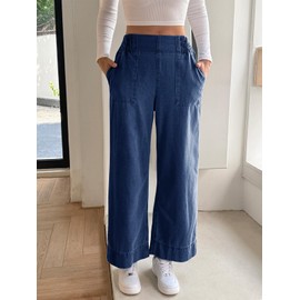 Cicy Bell Womens Wide Legs Baggy Jeans Elastic High Waisted Casual Loose Boyfriend Denim Pants with Pockets Navy