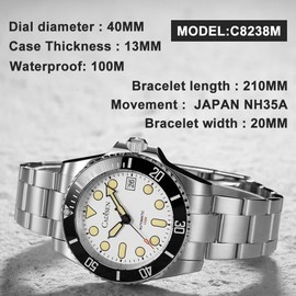 CADISEN Automatic Watch Men's Mechanical Waterproof NH35 Watches Men Leisure Business, black, Bracelet