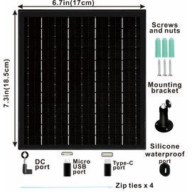 6W Solar Panels for Security Cameras Outdoor IP66 Waterproof Solar Panel Compatible with Recharged Battery Cameras Type-C 、DC & Micro USB Port 360° Adjustable Mount 9.8ft Cable (2 Pack Black)