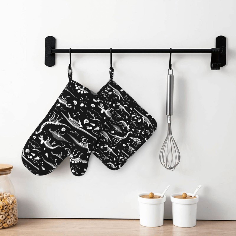 Oven Mitts and Potholders Black and White Dinosaur Skeleton Skulls