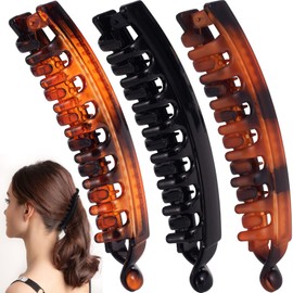 YALOJE 3pcs French Banana Hair Clips for Women, Non-Slip Hair Claws with Double Combs, Fish Shaped Hair Holder Thick Long Curly Hair Styling Accessories for Daily, Party- Black, Brown, Matte Brown