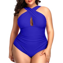Daci - Traje de baño de una pieza para mujer con control de barriga, talla grande, con abertura y abertura, Azul Real, 16 Plus