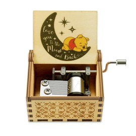 Music Box Gift for Wife, Pooh Saying Music Box Love You to The Moon and Back, Gift for Husband Girlfriend Boyfriend Birthday Valentine Day Anniversary Wooden Hand Crank Musical Box