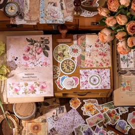 Ta Merry Collage Material, Assorted, Seals, Design Paper, Flake Stickers, Retro Notebook, Cute, Girl, Stylish, Notebook, Background Paper, Paper Pack Set, Large Capacity, Many Vintage Flowers