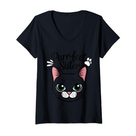 Womens PURR-FECT Sister Fur Sisters Cute Cat Lover Animal Gift V-Neck T-Shirt
