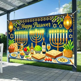 BlissYard Happy Passover Banner 71x43 Inch Seder Table Wall Backdrop Jewish Festival Decoration with Matzah Symbols for Indoor Home Party Dining Room Pesach Celebration Decor