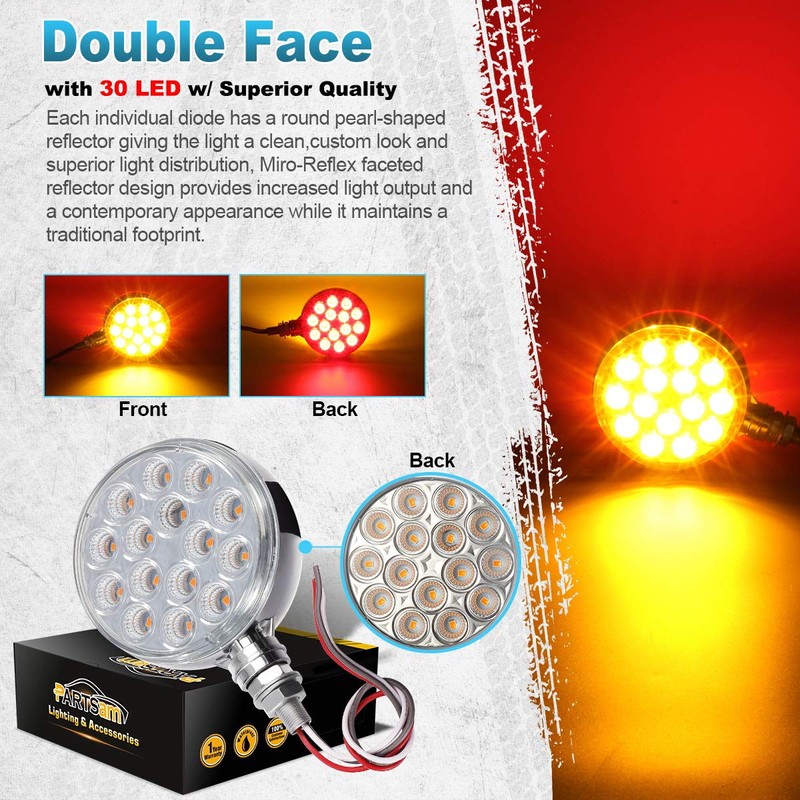 Partsam 2pc 3" Red/Amber Double Face Chrome Round Pedestal Lights