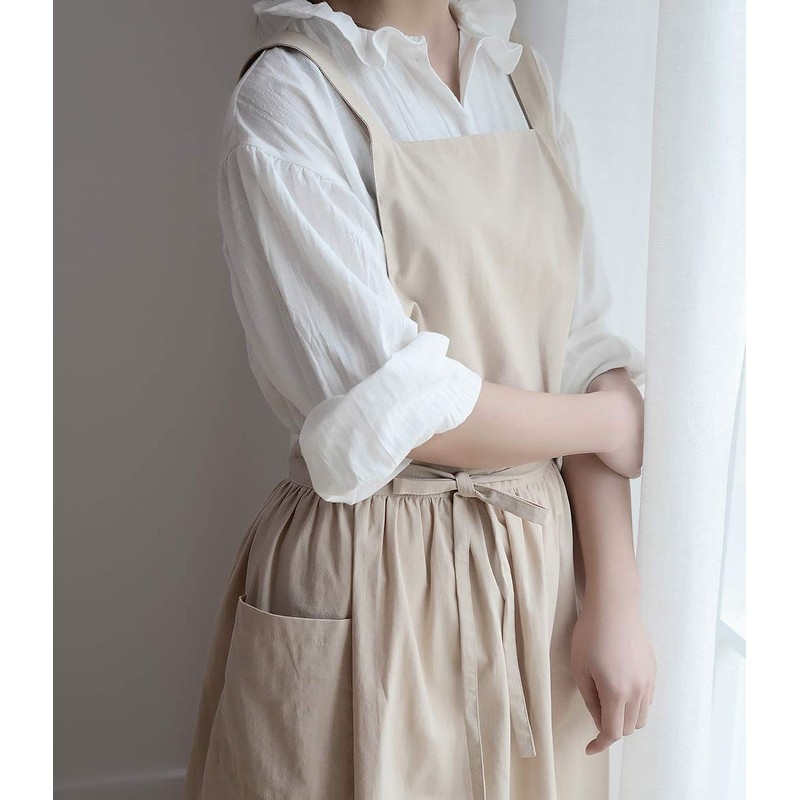 Cotton Pleated Apron Retro Waterdrop Proof Garden Cleaning Pinafore Dress