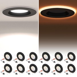 12 Pack Black 5/6 Inch LED Can Lights with Night Light, 5CCT Retrofit Recessed Lighting Selectable 2700K-6000K Dimmable, 12W=75W, 1200LM Downlight with Metal Smooth Trim-ETL and Energy Star