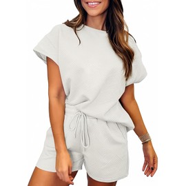 SHEWIN Two 2 Piece Outfits Sweat Suit Lounge Sets for Women Summer Casual Crewneck Short Sleeve Shirts Matching Sweat Shorts 2025 Comfy Pajamas Tracksuit White S