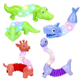 Dreamtop 5 Pcs Animal Pop Tubes Fidget Toy Light Up Sensory Tubes for Toddlers Fidget Tubes Sensory Toys for Autism Stress Relief Toys for Autism Kids