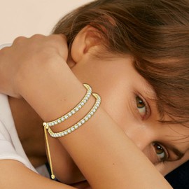 Double Fair 2 Pcs Tennis Bracelets for Women 14K Gold Plated AAA+ Cubic Zirconia CZ Diamond Classic Adjustable Slider Bracelet Fashion Jewelry Wedding Gift Size 6.5-7.5 Inch