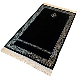K'ba Pattern Prayer Rug | Large Size Muslim Prayer Mat | Chenille Embroidered Woven Janamaz - Size: 125 x 70 cm | Black