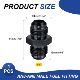 uxcell AN8-AN8 Male Fuel Fitting, Fit 1/2" Hole 1.57" Length Aluminum Straight Male Union Coupler Connector Fuel Hose Adapter for Automotive, Black