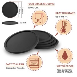 Silicone Coasters, Black Coasters for Drinks with Extra Lip Edge - Set of 6 Coasters, Heat Resistant Cup Coasters for Tabletop Protection - Fit All Cups, Non-Slip, Non-Stick