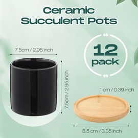 Cindeer 12 Pack Small Succulent Pots 3 Inch Ceramic Planter Pot and Bamboo Tray with Drainage Hole Mini Flower Plants Pots for Succulents Cactus Indoor Garden Decorations, Plant Not Included (Black)