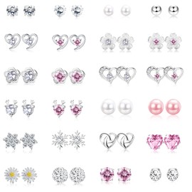 MILACOLATO 24 Pairs 925 Sterling Silver Stud Earrings Set Cubic Zirconia Earring Pearl Crystal Round Heart Shape CZ Flower Stud Earrings Jewelry for Women Girls