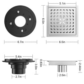 EXF 6 Inch Square Shower Drain Chrome, Stainless Steel Shower Floor Drain Kit with ABS Flange, Removable Grid Cover, Hair Strainer