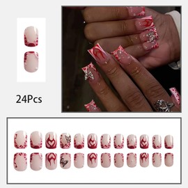 24 Pcs Square Press on Nails Short Medium Fake Nails with 3D Butterfly Pearl Designs Pink Full Cover Nails Tips Red Flame False Nails French Tip Nails Press on Acrylic Glue on Nails for Women Girls