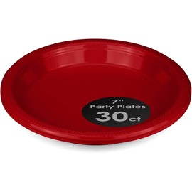 DecorRack 30 Small Plastic Plates, 7 inch Party Plate for Dessert Appetizer, Disposable Tableware for Kids Birthday Party, Red (Pack of 30)