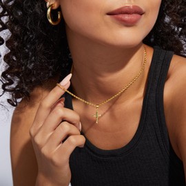 KissYan Layered Cross Necklace for Women, 14K Gold Plated Cubic Zirconia Pendant Necklaces Cross Faith Necklaces, Gold Cross Choker Trendy Jewelry Gifts for Women, Brass, No Gemstone