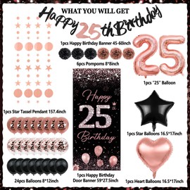 25th Birthday Decorations for Girls, TSVATE Rose Gold Happy 25th Birthday Decorations, Happy 25th Birthday Banner, 25th Birthday Backdrop Yard Door Wall, 25th Birthday Balloons, Pompoms, Star Streamer