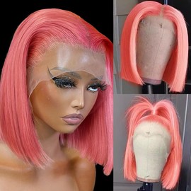 Pink Bob Wig Human Hair 13X4 HD Pink Lace Front Wigs Human Hair Wear and Go Glueless Wigs Human Hair Pre Plucked Bob HD Lace Frontal Wig With Baby Hair 10 Inch Hot Pink Short Bob Wigs For Black Women