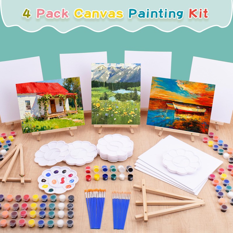 4 Pack 8x10 Inch Canvas and Easel Set, Sip and