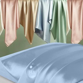 Silk Pillowcase for Hair and Skin, Mulberry Silk Pillow Cases Standard Size, Anti Acne Cooling Sleep Both Sides Natural Silk Satin Pillow Case Covers with Hidden Zipper, Gifts for Women Men, Haze Blue