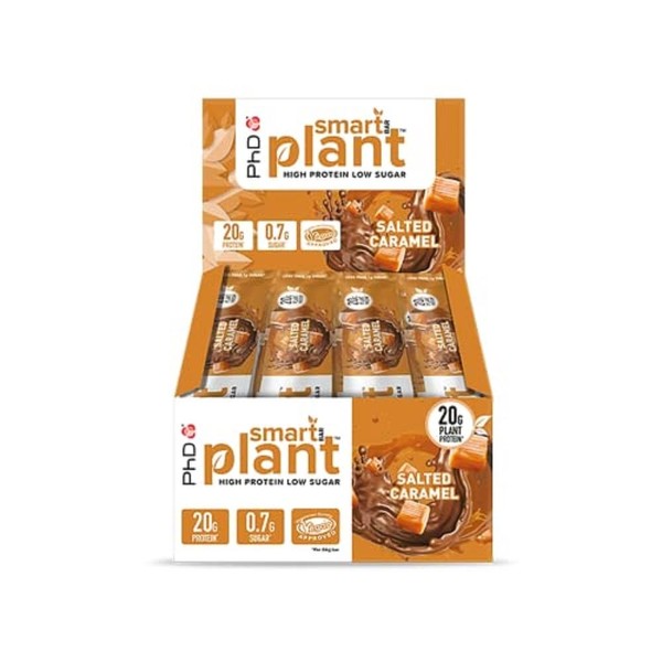 PhD Smart Plant Hight Protein Bar Low Sugar, Vegan Protein Bars/Protein Snack, Salted Caramel Flavour, 20g of Plant Protein, 64g Bar (12 Pack)