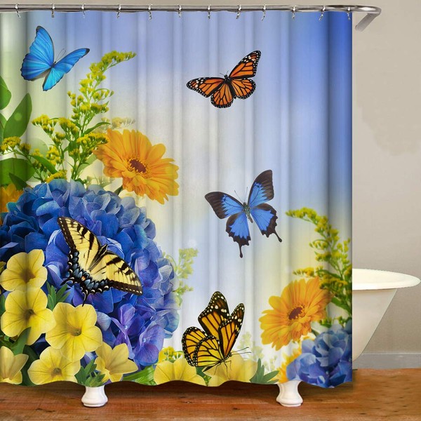 Shocur Wlid Flower Shower Curtain, Blue and Yellow Butterfly, Spring