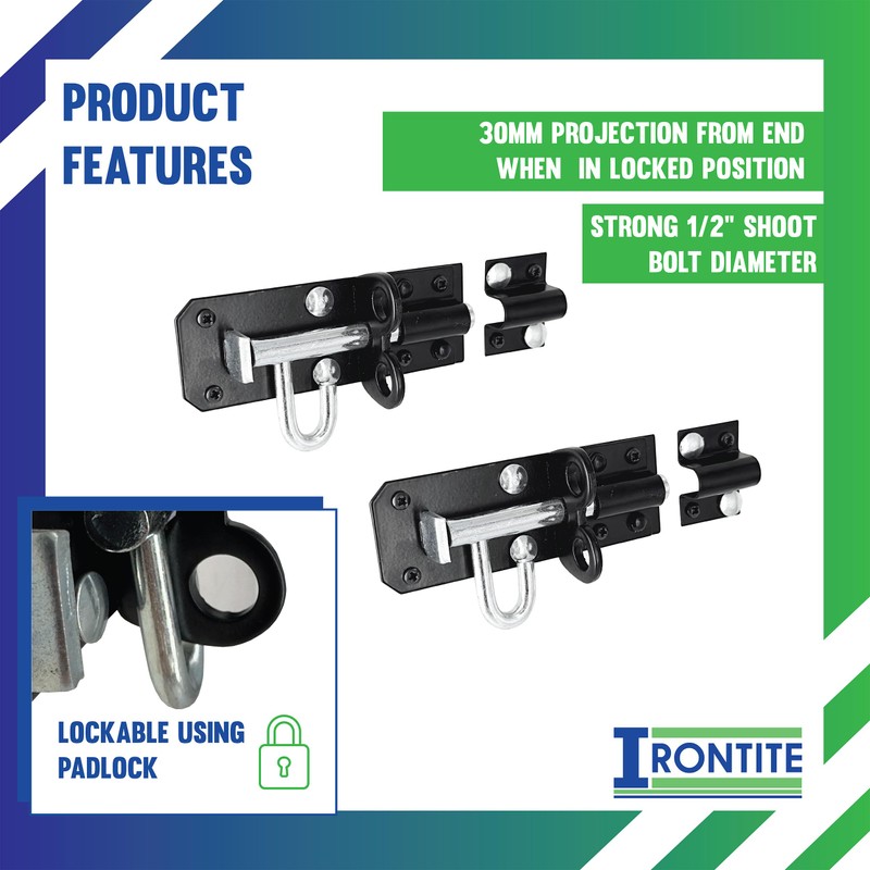 IRONTITE® 2 Pack Black Brenton Bolt Gate Bolt 100mm (4"),