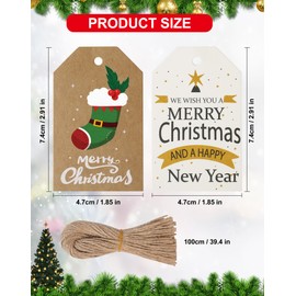 Christmas Kraft Paper Labels, Pack of 100 Gift Tags with 20 m String, 10 Different Designs for Christmas Decoration