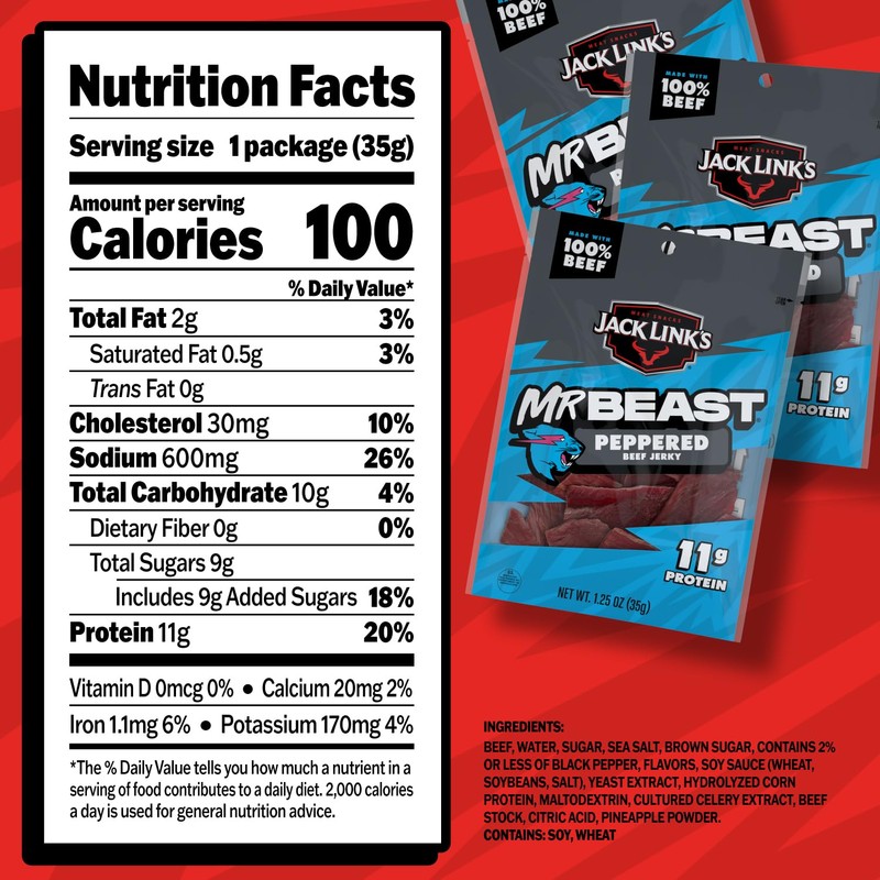 Jack Link’s x MrBeast Beef Jerky, Peppered Beef Jerky, As