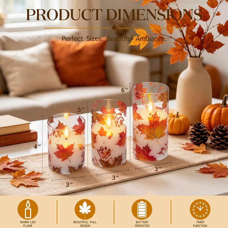 JOIONE Fall Flameless Glass Candles, 3 Pack Maple Leaf LED