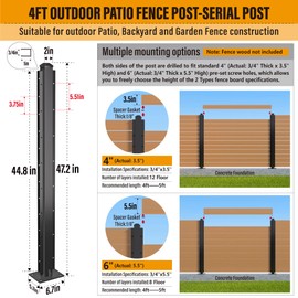 BITALS Q235A-Steel 4ft (H/48in) Heavy Duty Fence Post - Serial Post, Suitable for Outdoor Patio, Backyard and Garden Fence Post Bracket Construction (1pack-Matte Black)