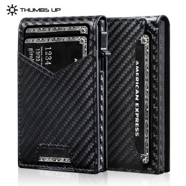 THUMBS-UP Brown Anti Theft Leather Bifold 9 Cards RFID Blocking ID Window Card Holder Pop up Magnetic Aluminum Men Bifold Walletcolor: Carbon Fiber