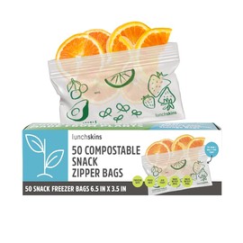 Lunchskins Ziptop Commercial Compostable & Resealable Freezer-Safe Food Storage Bags, Snack Size, 50 Bags - Eco-Friendly, Made Without PFAS and BPA