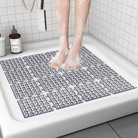 Shower Mat Non Slip，24"X24" Bathtub Mat Non Slip Square Shower Mats for Inside Shower with Drain Holes Suction Cups, Quick Drain, TPE Shower Floor Mat for Elderly & Kids (D-Grey)