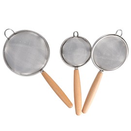 3 Pcs Kitchen Fine Mesh Strainers, Stainless Steel Wire Mesh Oil Strainer Skimmer with Wood Handle, Durable Flour Colander Filter Baking Tool(3 pcs)