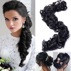 Messy Long Hair Bun Maker Versatile Hair Curly DIY Ponytail Extensions Synthetic Hair Tousled Updo Fluffy Hair Chignon Wrap Around Scrunchies Hair Band Black