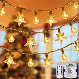 LEXKAEQI Star Globe String Lights,33Ft 80 LED Fairy Lights Battery Operated Waterproof Material,8 Modes Christmas Lights with Remote,Led Lights for Indoor Outdoor Bedroom Garden Party Decor Warm White