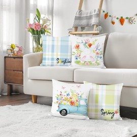 Bonhause Spring Easter Throw Pillow Covers 18 x 18 Inch Bunny Floral Easter Eggs Truck Plaid Decorative Pillow Cases for Couch Sofa Bed Home Spring Easter Decor Set of 4