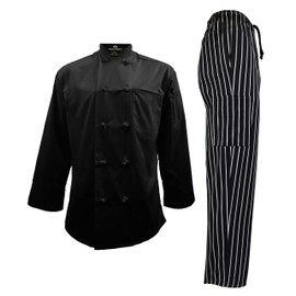 Natural Uniforms Men's Chef Uniform Set - Chef Coat and Cargo Pants Set (Small, Black Coat/Chalkstripe Cargo Pants)