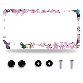 Hummingbird Flowers License Plate Frame Beautiful Bird Floral Plate Holder Stainless Steel Auto Parts Colorful License Plate Decoration with 2 Screws Size 12.3" x 6.3" for Men Women